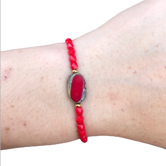 Red Beaded Stretch Bracelet - Picture 2 of 9